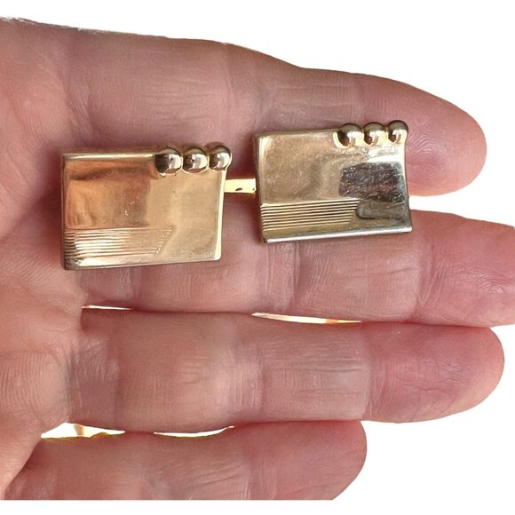 Vintage MCM Gold Tone Geometric Cufflinks With Stripes & Raised Dots - Picture 3 of 7